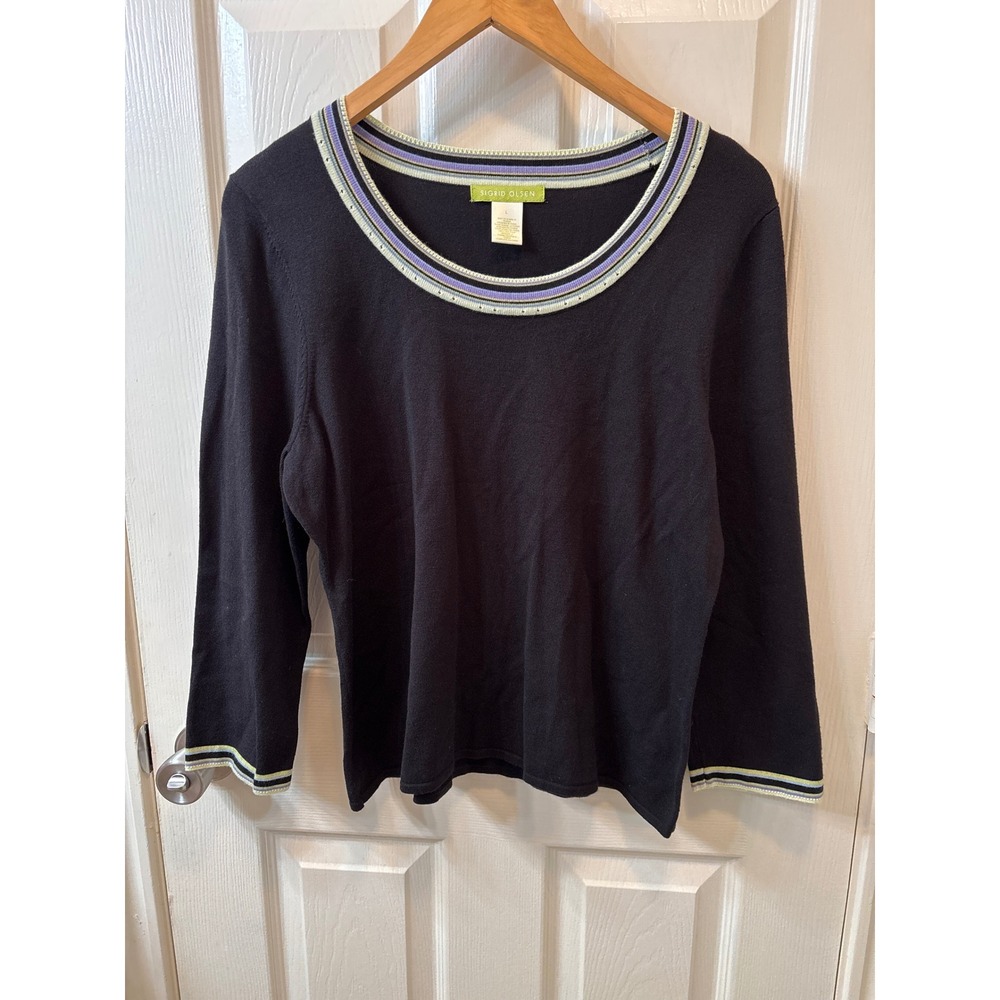 Sigrid Olsen black lightweight knit pullover sweater scoop neck size large
